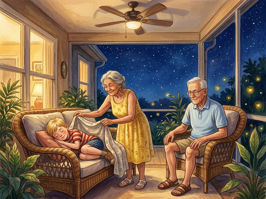 Last night on the lanai illustration in Classic Storybook style