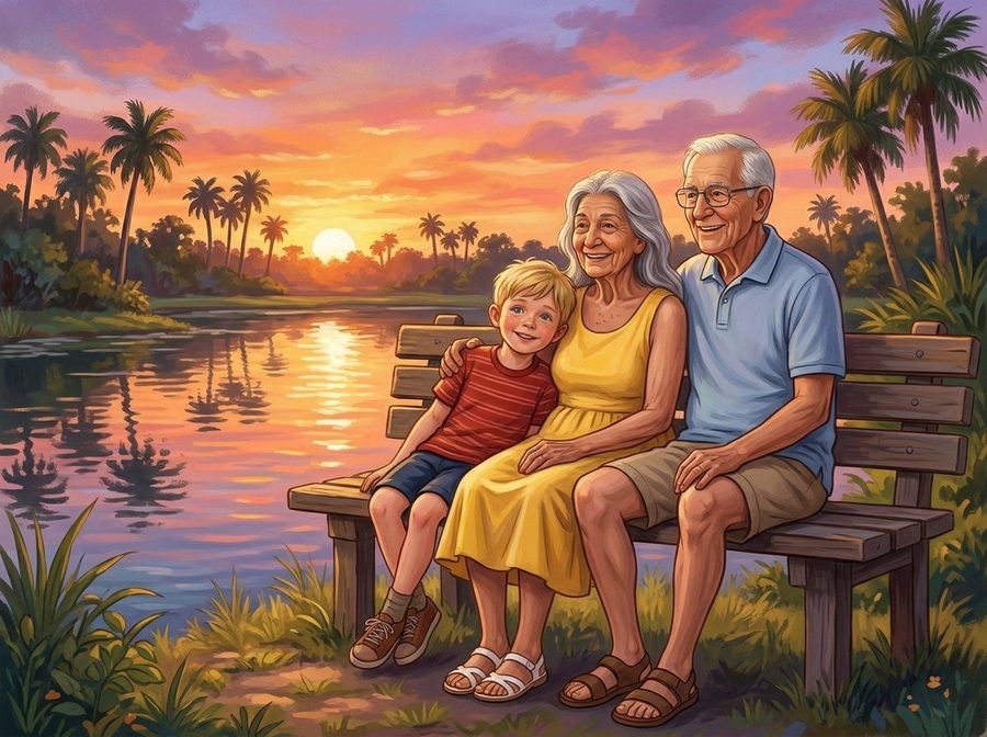 Sunset on the porch illustration in Classic Storybook style