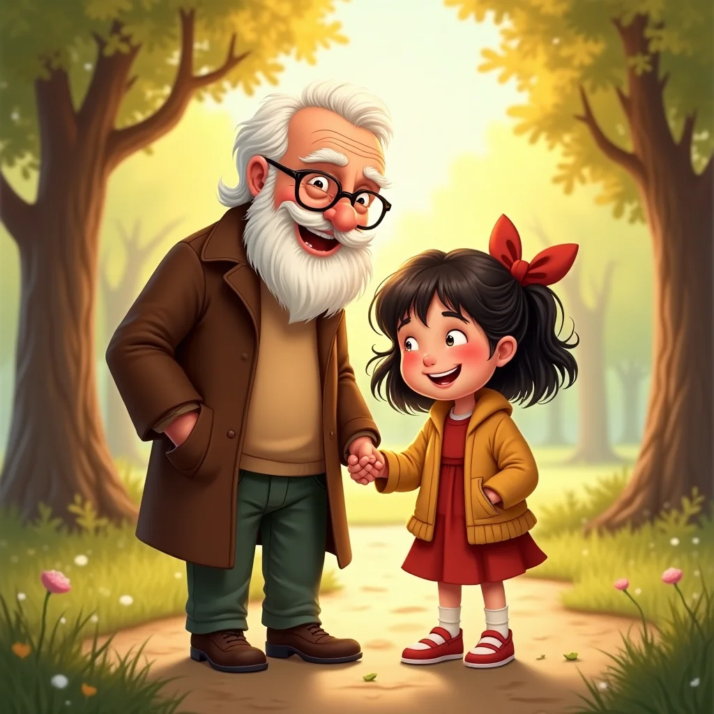 Storybook illustration of grandfather and granddaughter