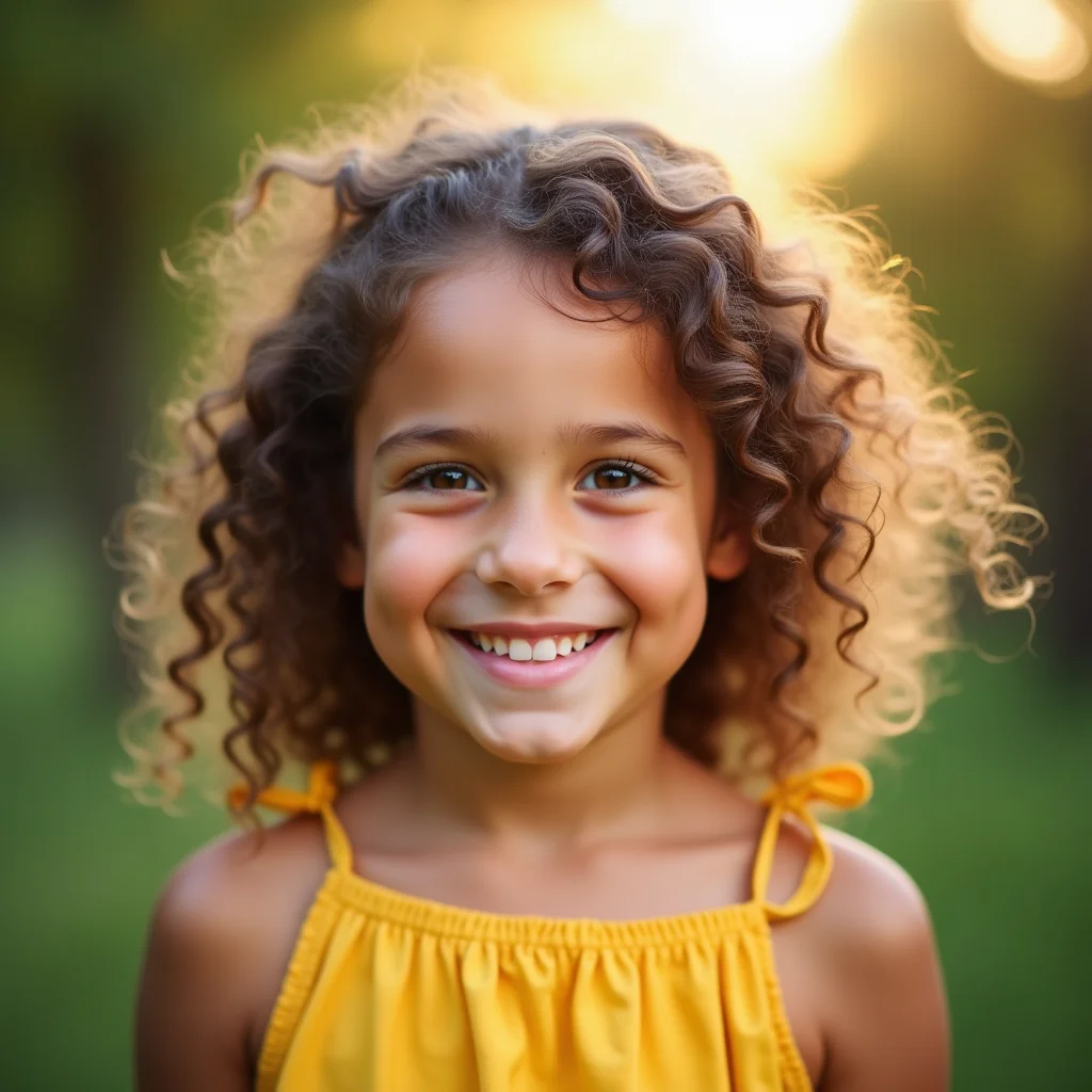 Photo of a young girl with curly brown hair